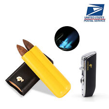 Black Travel Leather Cigar Case and Cigar Lighter W/ Hole Punch For Men 3 Jet picture