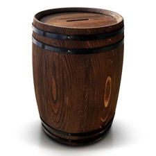 Large Wooden Wine Barrel Piggy Bank 1.5 Liter Money Box With Lock Key Rustic... picture