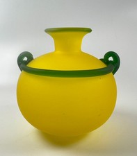 Vintage Murano Franco Moretti Scavo Frosted Yellow satin Glass vase round 6.25