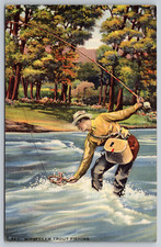 c1940s Salem OR Midstream Trout Fishing Art Scene Postcard picture