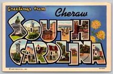 c1938 Greetings From Cheraw South Carolina SC Large Letter Linen Teich Postcard picture