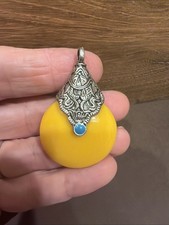 Vintage Nepalese Faux Beeswax Amber Disc Pendant Tribal White Metal Ornate picture