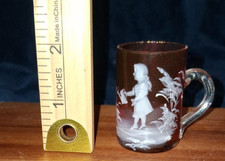 Antique Cranberry Glass Miniature Mug Mary Gregory Style Hand Painted Child picture