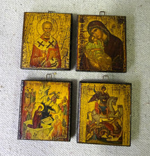 Mini Greek Orthodox Icon Lot of 4 Byzantine Wood Plaques St George Dark Academia picture