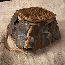 Vtg Bent Wood Twig Basket Branch Rustic Primitive Lodge Hammered Metal Leaves picture