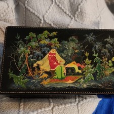 Russian Hand-Painted Lacquer Box Fairy Tale Woman Scene Cyrillic Marked USSR picture