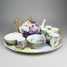 Antique Limoges Porcelain Tea Set Violets Hand Painted Teapot Tray Cups T&V 1892 picture