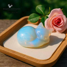 Hand-Carved Opalite Sleeping Cat Figurine Animal Crystal Decor Spiritual Gift picture