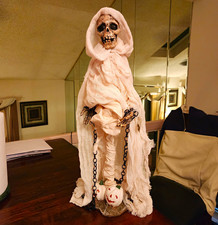 Mark Roberts Halloween Hooded Skeleton Figure w/ Chains & Pumpkin Base, Gauze picture
