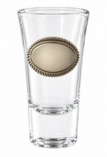 Shot glass, high quality optical crystal. NIB PEWTER badge in gift box. picture