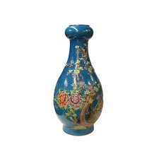 Oriental Bright Blue Glaze Color Flower Bird Ceramic Art Vase ws4520 picture