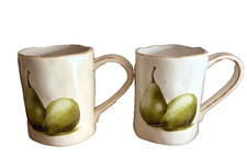 Vtg Magenta M Stamp Green Pears Ceramic Coffee Mugs Artisan Set of 2  Rare picture