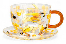 STPGOODS Honey Bee Glass Teacup with Saucer Set 12 oz Tea Cup picture