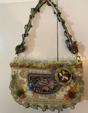 VTG Romantic Frilly Ruffled Boho Brocade Purse Handbag Roses Detachable Strap picture