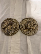 Vintage Greek Roman Style Resin Relief Wall Plaques Chariot Woman Pair 6” picture