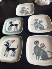 2 VTG 1950s GLIDDEN POTTERY POODLE PLATES 35 MCM STONEWARE TRINKET CANAPE DISH picture
