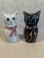 Cats by Nina Lyman Black & White Ceramic Cat Salt & Pepper Shakers Set RARE 6.5” picture