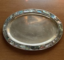 Vintage Abalone & Metal Trinket Tray Abalone Inlay Mexico picture