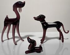 3 Vintage Miniature Spun Glass Dog Figurine Tiny Puppy Purple Blown Glass Art picture