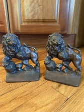 Vintage Fierce Lion On Boulder Cast Iron Bookends picture