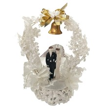Vintage 1940s Bride & Groom Wedding Cake Topper on Sugar Base Arch Bell Flowers picture