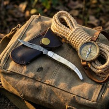 Damascus Folding Pocket Knife Camel Bone Trapper Slipjoint EDC with Sheath picture