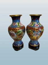 2 Vintage Of Blue Red Cloisonne Enamel Vase Pedestal With Flower Blossoms  4