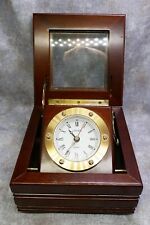 Linden Brass Desk Mantle Clock in Wood Box Tilts Open - Works picture