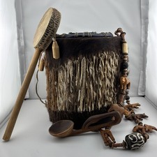 VTG African Tribal Animal Fur Peg Drum Necklace Spoon Decor Lot Handmade picture