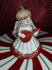 Vtg Lefton Christmas Angel Girl W/ Red Mandolin Holly Leaf Figurine Japan Repair picture