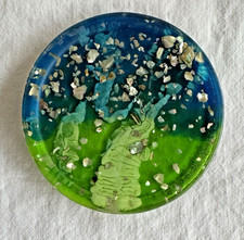 1- VTG MCM BLUE & GREEN Coaster / Trivet Resin Lucite 60s Boho Hippy Colorflo picture