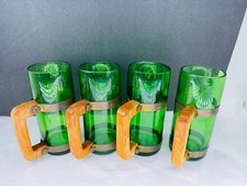 Vintage 1973 Siesta Ware Green Glass Stein Steel Band Wood Handle 4 hand blown picture
