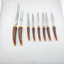 Vintage George Wood & Son Sheffield Faux Stag Horn Handle Carving Set & Knives picture