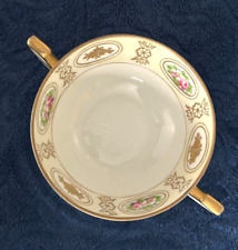 VTG NIPPON HANDPAINTED DOUBLE HANDLED SOUP BOWL W/ GOLD TRIM & PINK FLOWERS-EC picture