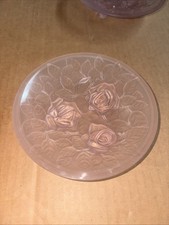 6 Vintage Pink Frosted Satin Glass 3-Footed Ice Cream Bowls Raised Rose Pattern picture