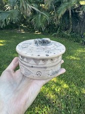 Vintage Hand Carved Soapstone PaintedTrinket Box With Animal Lid Handle. picture