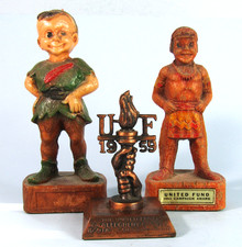 THREE VINTAGE UNITED WAY FUND RAISER AWARDS FIGURINES ADVERTISING PAPERWEIGHTS picture