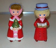 2 Vintage Napcoware Japan Girl & Boy Christmas Caroler Figurines Faux Hair X7974 picture