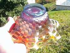 ANTIQUE FENTON CARNIVAL GLASS AQUA URANIUM GLOW BASKET WEAVE SMALL BOWL c 1911 picture