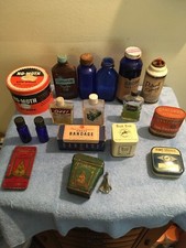VINTAGE MEDICINE CABINET CONTENTS GLASS BOTTLES TIN CANS ETC LOT READ THE AD picture