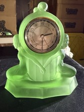 RARE Vtg Art Deco Green Satin Glass Dermay Dolls & Windsor Style Mantle Clock picture