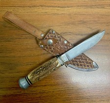 Vintage Anton Wingen Jr Othello Hunting Knife Stag Handle w/ Sheath Germany Used picture