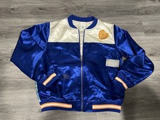 VTG Disney Mickey Mouse Blue Satin Sunburst Cheerful 90s Bomber Jacket Adult 2XL picture