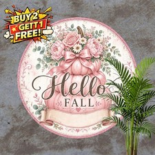 Hello Fall Pink Pumpkin Floral Artwork Round Metal Sign Wall Decor 8x8 picture