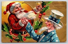 Santa Claus with Uncle Sam~Antique Embossed~ Patriotic Christmas Postcard-s628 picture