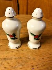 Vintage Holley Berries Porcelain Gold Trimmed Christmas Salt and Pepper Shakers picture