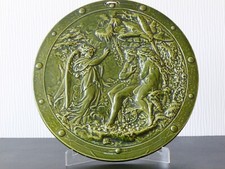 Antique olive green majolica glaze wall plaque 11