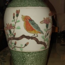 Royal Nippon Hand Painted Glazed Ceramic Vase Green White Multicolor Bird Floral picture