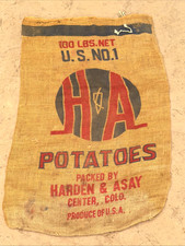 VTG Harden Asay H A Colorado Potatoes Burlap Bag 100 lb Gunny Sack Rare Antique picture