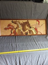 VTG MCM 36x12 Roman Chariot Horses Pebble Gravel Wall Art 1960s picture